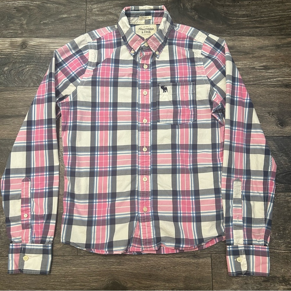 Abercrombie & Fitch Medium Men's Muscle Pink & Blue Plaid Button Up Shirt